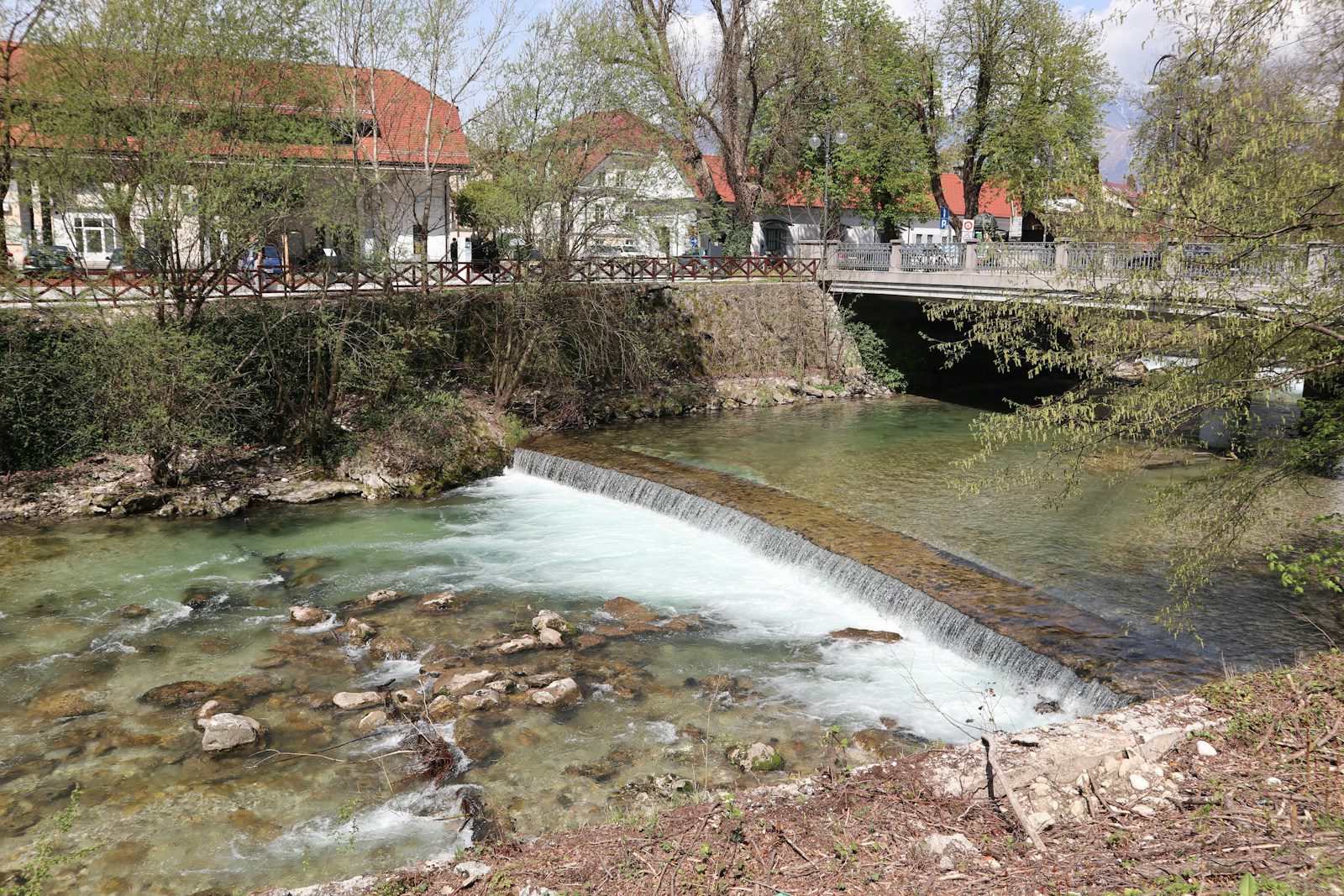 A river flowing under a bridge next to a lush green forest