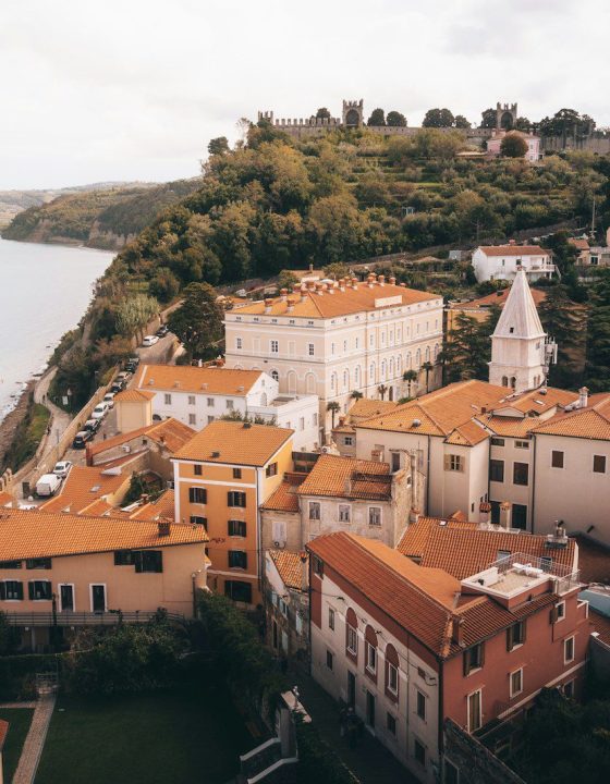 an aerial view of a city next to a body of water
